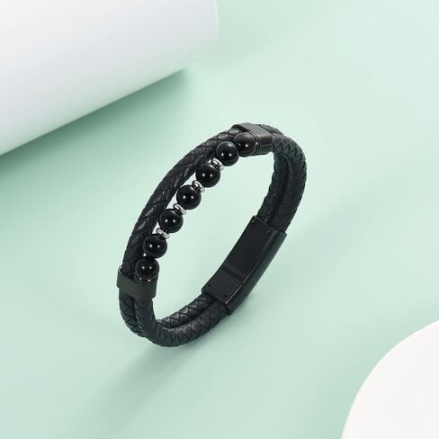 Oinsi Cremation Jewelry with Bead Black Genuine Braided Leather Urn Bangle Bracelets for Ashes for Women Men Keepsake Memorial Bangles- Stainless Steel Clasp -Length 20-22-24 cm in Kuwait