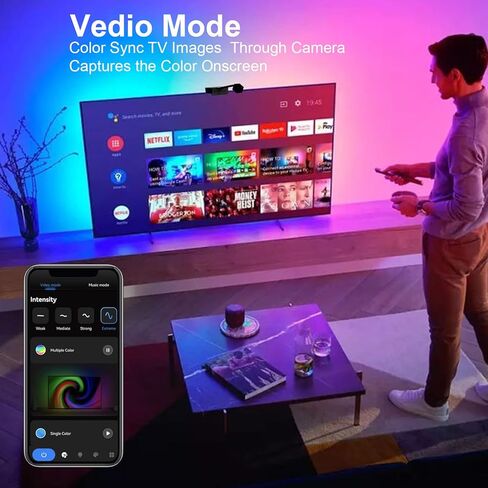 إضاءة خلفية LED للتلفزيون بكاميرا، ذراع تحكم تزامن كاميرا الواي فاي 1080 بكسل مع تطبيق الهاتف، مصابيح LED RGBIC للتلفزيون مع الفيديو، قاتم الموسيقى، وضع المشاهد، مصابيح LED 15 - 70 بوصة in Kuwait