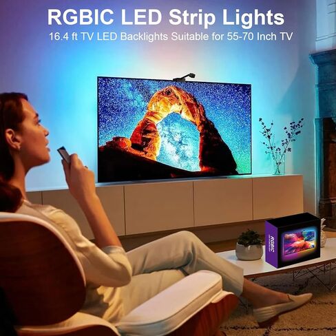 إضاءة خلفية LED للتلفزيون بكاميرا، ذراع تحكم تزامن كاميرا الواي فاي 1080 بكسل مع تطبيق الهاتف، مصابيح LED RGBIC للتلفزيون مع الفيديو، قاتم الموسيقى، وضع المشاهد، مصابيح LED 15 - 70 بوصة in Kuwait