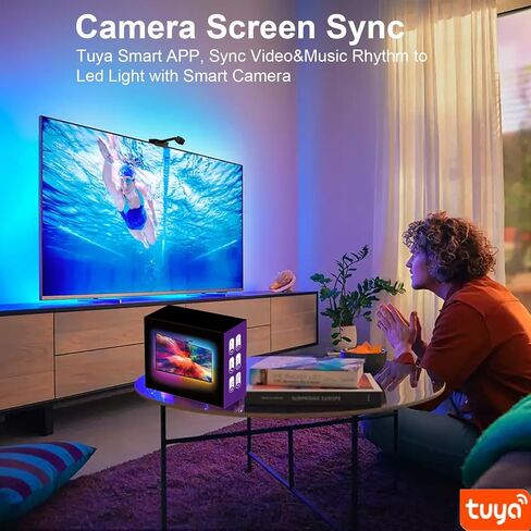 إضاءة خلفية LED للتلفزيون بكاميرا، ذراع تحكم تزامن كاميرا الواي فاي 1080 بكسل مع تطبيق الهاتف، مصابيح LED RGBIC للتلفزيون مع الفيديو، قاتم الموسيقى، وضع المشاهد، مصابيح LED 15 - 70 بوصة in Kuwait
