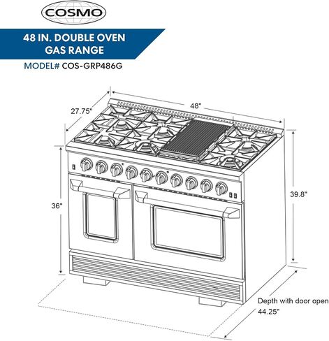COSMO GRP366 36 in. Freestanding Gas Range with 6 Sealed Burner Rangetop, Single Convection Oven, Cast Iron Grate Cooktop Wok Attachment, Metal Stove Heat Control Knobs, Stainless Steel in Kuwait