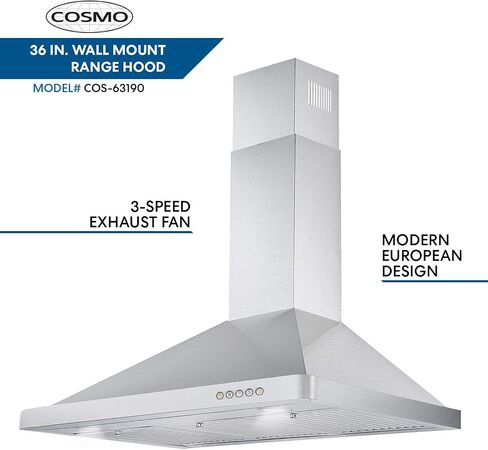 COSMO COS-F965NF 36 in. Dual Fuel Range with 5 Gas Burners, Electric Convection Oven and COSMO 63190 36 in. Wall Mount Range Hood in Stainless Steel in Saudi Arabia