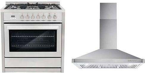 COSMO COS-F965NF 36 in. Dual Fuel Range with 5 Gas Burners, Electric Convection Oven and COSMO 63190 36 in. Wall Mount Range Hood in Stainless Steel in Saudi Arabia