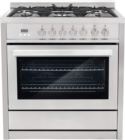 COSMO COS-F965NF 36 in. Dual Fuel Range with 5 Gas Burners, Electric Convection Oven and COSMO 63190 36 in. Wall Mount Range Hood in Stainless Steel in Saudi Arabia