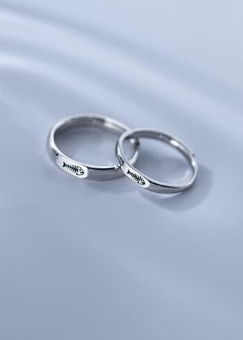 MYTHJING JEWEL Couple's Fish Bone 925Sterling Silver Adjustable Ring 2PCS Set in Saudi Arabia