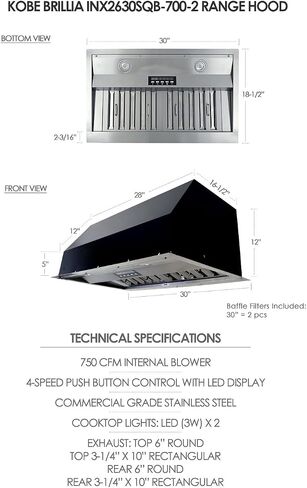 KOBE Range Hoods INX2630SQB-700-3 Insert Range Hood, 30-Inch, Stainless Steel in Saudi Arabia