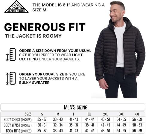 Alpine North Men’s Vegan Down Packable Puffer - Lightweight, Weather-Resistant Jacket with Hood For Men with Carry Bag in Kuwait