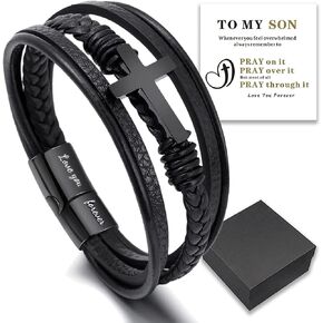 Aphro to My Son- Love You Forever Pray Through It Leather Cross Bracelet, Inspirational Bracelets, Men's Leather Stainless Steel Black Braided Leather Bracelet, Jewelry Gift for Son (1pc) in Saudi Arabia