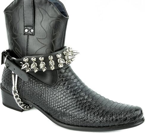 Cybergoth Spike Leather Bootstraps Pair with Chain Western, Bikers Punk Thrash Metal Black in Saudi Arabia