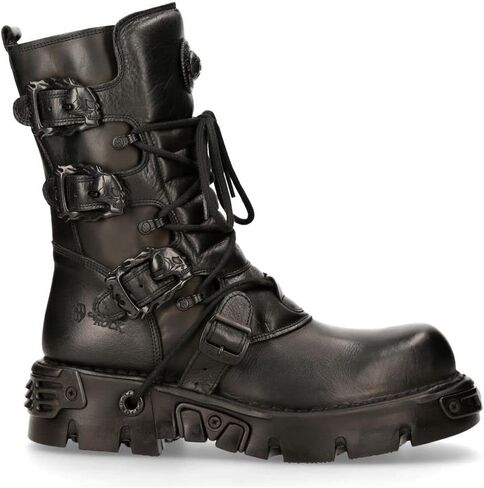 New Rock Men's Metallic 391 Black Reactor Skull Devil Goth Punk Leather Calf Boots in Saudi Arabia