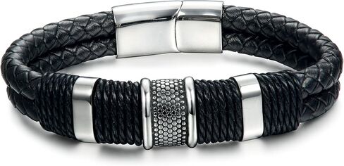 FIBO STEEL Stainless Steel Braided Leather Bracelet for Men Cuff Bracelet 7.5-8.5 inches in Saudi Arabia