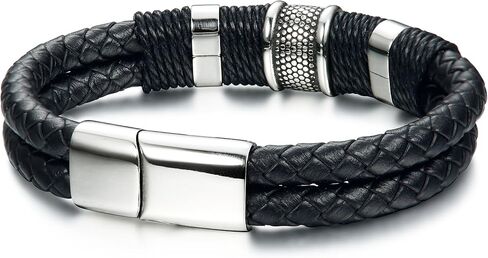FIBO STEEL Stainless Steel Braided Leather Bracelet for Men Cuff Bracelet 7.5-8.5 inches in Saudi Arabia