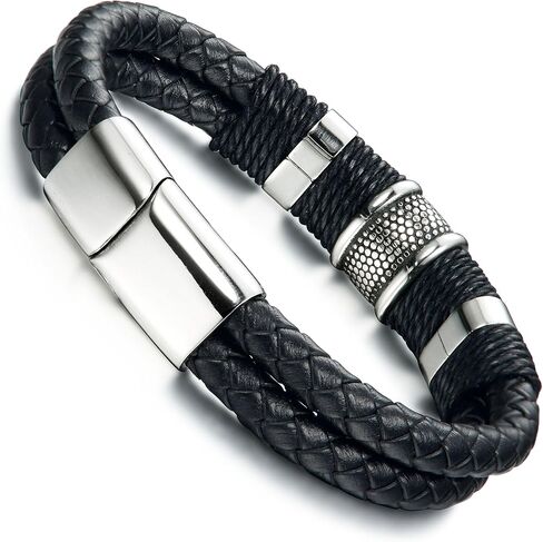 FIBO STEEL Stainless Steel Braided Leather Bracelet for Men Cuff Bracelet 7.5-8.5 inches in Saudi Arabia