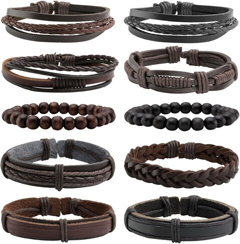 Eigso 5-12Pcs مضفر الجلود مجموعة أساور للرجال للنساء حبال القنب الخرز الخشبي قابل للتعديل التفاف سوار in Saudi Arabia