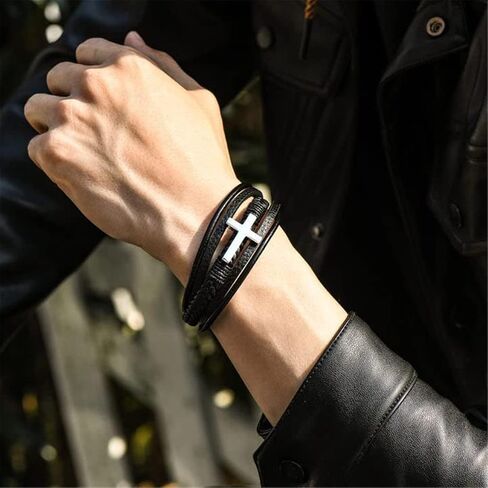 Aphro to My Son- Love You Forever Pray Through It Leather Cross Bracelet, Inspirational Bracelets, Men's Leather Stainless Steel Black Braided Leather Bracelet, Jewelry Gift for Son (1pc) in Saudi Arabia