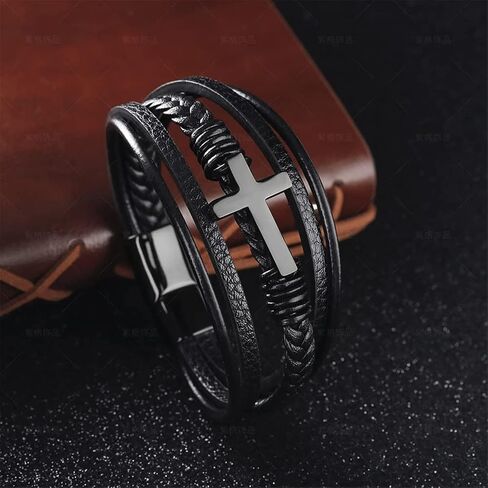 Aphro to My Son- Love You Forever Pray Through It Leather Cross Bracelet, Inspirational Bracelets, Men's Leather Stainless Steel Black Braided Leather Bracelet, Jewelry Gift for Son (1pc) in Saudi Arabia