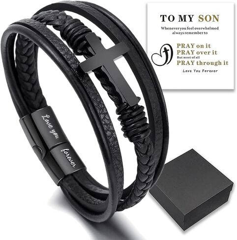 Aphro to My Son- Love You Forever Pray Through It Leather Cross Bracelet, Inspirational Bracelets, Men's Leather Stainless Steel Black Braided Leather Bracelet, Jewelry Gift for Son (1pc) in Saudi Arabia