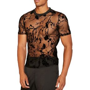 تي شيرت رجالي من Floerns شفاف بطباعة زهور عشوائية بأكمام قصيرة وشبكة شفافة in Kuwait