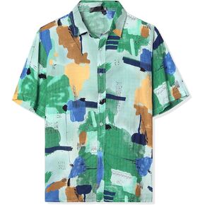 Lars Amadeus Men's Printed Shirt Button Down Short Sleeves Summer Hawaiian Color Block Shirts