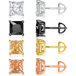 4 ازواج من اقراط ظهر لولبية للنساء والرجال مطلية بالذهب عيار 18 قيراط لا تسبب الحساسية 6 ملم، مجموعة اقراط مرصعة بالزركونيا المكعبة ومرصعة بالنيكل (4 الوان), ذهبي, مكعب زركونيا in Kuwait