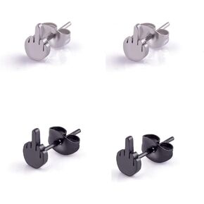 4 Pcs Punk The Middle Finger Ear Studs Stainless Steel 20g Silver Black Gold Blue Colors Earrings for Womens Mens