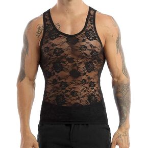 KKmeter Men's Floral Lace Fitted Muscle Tank Tops Mesh Transparent Workout Vest Tshirt Underwear