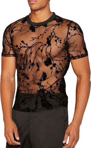تي شيرت رجالي من Floerns شفاف بطباعة زهور عشوائية بأكمام قصيرة وشبكة شفافة in Kuwait