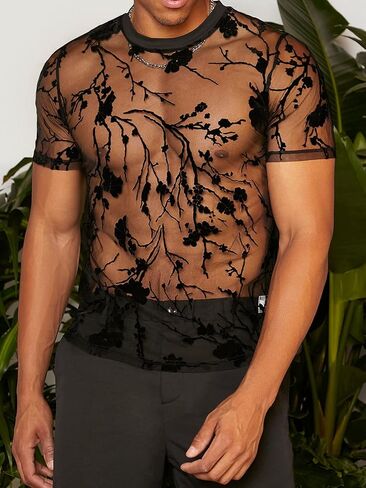 تي شيرت رجالي من Floerns شفاف بطباعة زهور عشوائية بأكمام قصيرة وشبكة شفافة in Kuwait