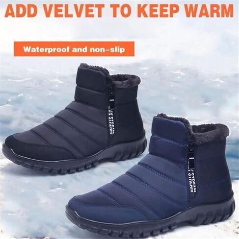 Men's Waterproof Warm Cotton Zipper Snow Ankle Boots, Winter Warm Slip on Thick Plush Booties Waterproof Snow Boots in Kuwait