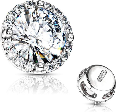 14G Round Prong Set CZ Center w/CZ Around 316L Surgical Steel Internally Threaded Dermal Top in Kuwait