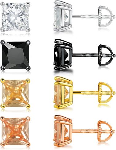 4 ازواج من اقراط ظهر لولبية للنساء والرجال مطلية بالذهب عيار 18 قيراط لا تسبب الحساسية 6 ملم، مجموعة اقراط مرصعة بالزركونيا المكعبة ومرصعة بالنيكل (4 الوان), ذهبي, مكعب زركونيا in Kuwait