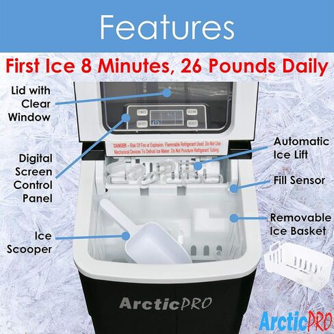 PORTABLE DIGITAL ICE MAKER MACHINE by Arctic-Pro with Ice Scoop, First Ice in 6-8 Minutes, 26 Pounds Daily, Great for Kitchens, Tailgating, Bars, Party, Small/Large Cubes, Black, 11.5x8.7x12.5 Inches in Saudi Arabia