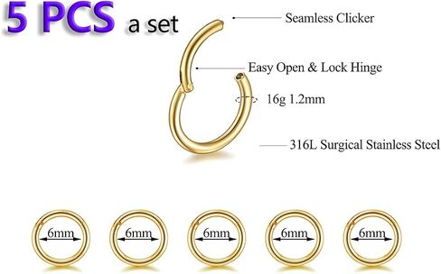 5Pcs 16G 18G Surgical Steel Nose Rings Hoop Tragus Septum Cartilage Hoop Earrings for Women Men Body Piercing Jewelry Kit Bar Length 6mm/8mm/10mm/12mm/14mm in Kuwait