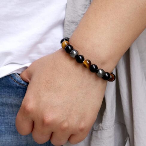 SIGEYI Triple Protection Bracelet, Black Obsidian Good Luck Bracelet, Tiger Eye Energy Beaded Bracelet, Elasticity Adjustable Suitable for Men/Women in Saudi Arabia