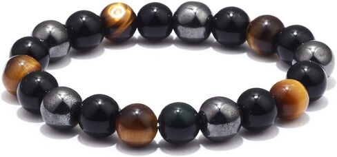 SIGEYI Triple Protection Bracelet, Black Obsidian Good Luck Bracelet, Tiger Eye Energy Beaded Bracelet, Elasticity Adjustable Suitable for Men/Women in Saudi Arabia