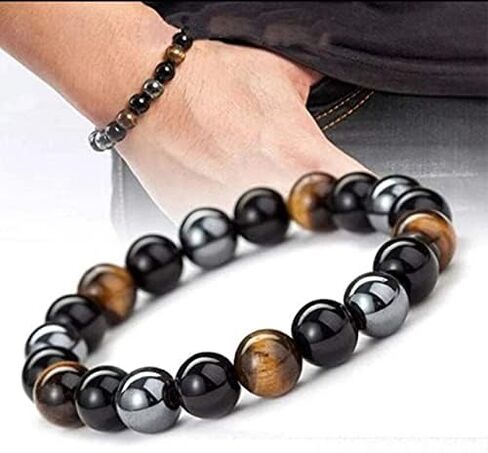 SIGEYI Triple Protection Bracelet, Black Obsidian Good Luck Bracelet, Tiger Eye Energy Beaded Bracelet, Elasticity Adjustable Suitable for Men/Women in Saudi Arabia