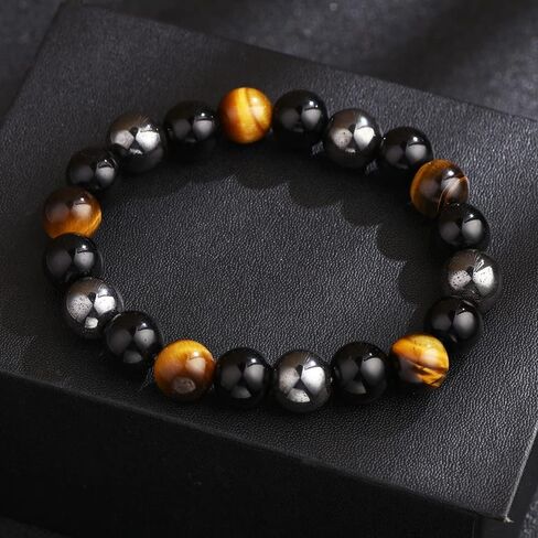SIGEYI Triple Protection Bracelet, Black Obsidian Good Luck Bracelet, Tiger Eye Energy Beaded Bracelet, Elasticity Adjustable Suitable for Men/Women in Saudi Arabia