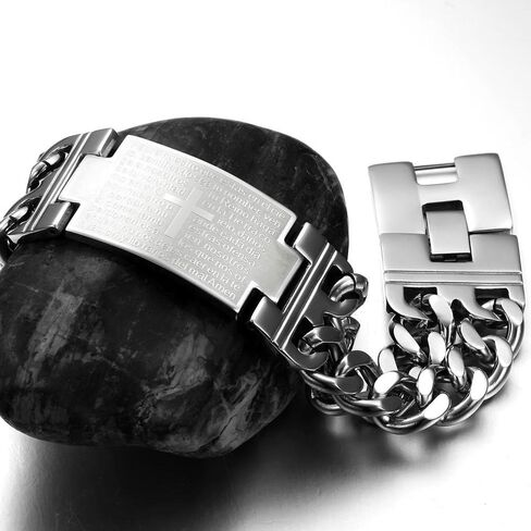 Jonline24h Heavy Mens Womens Stainless Steel Cross Prayer Big Bangle Cuff Bracelet 8.27 Inch Silver Black in Kuwait