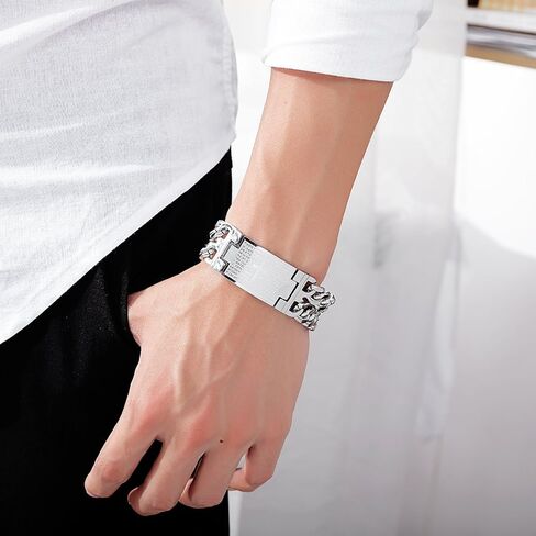 Jonline24h Heavy Mens Womens Stainless Steel Cross Prayer Big Bangle Cuff Bracelet 8.27 Inch Silver Black in Kuwait