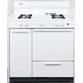 Summit Appliance WNM4307 36" Wide Gas Range in White with Electronic Ignition, Side Storage Cabinet, Broiler Drawer, Broiler Tray, Recessed Oven Door in Kuwait