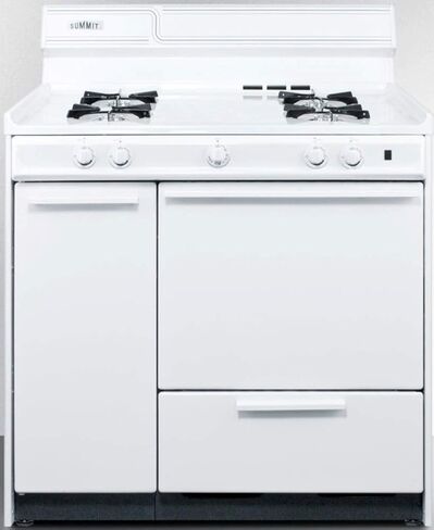 Summit Appliance WNM4307 36" Wide Gas Range in White with Electronic Ignition, Side Storage Cabinet, Broiler Drawer, Broiler Tray, Recessed Oven Door in Saudi Arabia