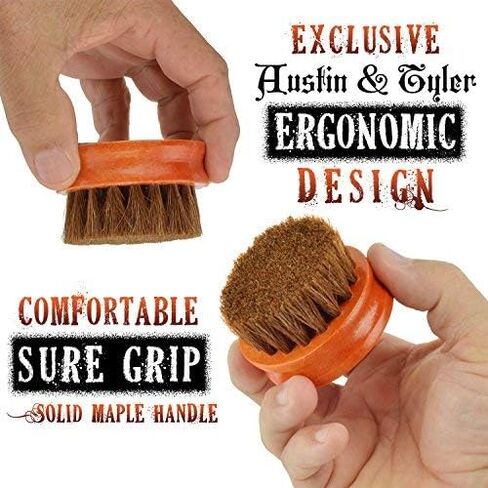 فرشاة زيت اللحية للرجال - شعر حصان طبيعي 100% - صندوق هدايا - علبة سفر من الألومنيوم الذهبي - مقبض مريح من خشب القيقب الصلب الريفي - شعار معدني برونزي عتيق - أمشاط في زيت اللحية والبلسم وشمع الشارب in Kuwait