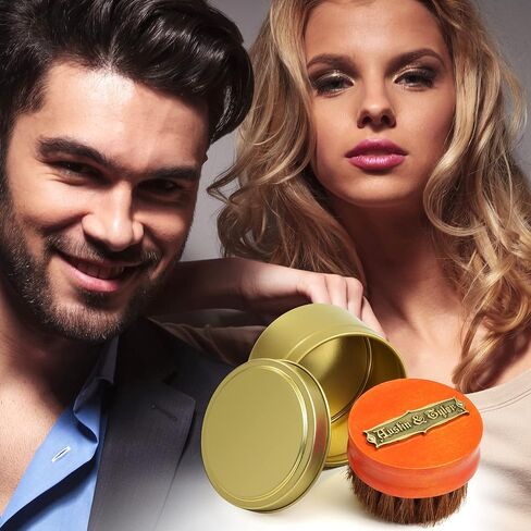 فرشاة زيت اللحية للرجال - شعر حصان طبيعي 100% - صندوق هدايا - علبة سفر من الألومنيوم الذهبي - مقبض مريح من خشب القيقب الصلب الريفي - شعار معدني برونزي عتيق - أمشاط في زيت اللحية والبلسم وشمع الشارب in Kuwait