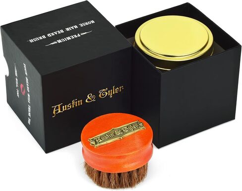 فرشاة زيت اللحية للرجال - شعر حصان طبيعي 100% - صندوق هدايا - علبة سفر من الألومنيوم الذهبي - مقبض مريح من خشب القيقب الصلب الريفي - شعار معدني برونزي عتيق - أمشاط في زيت اللحية والبلسم وشمع الشارب in Kuwait