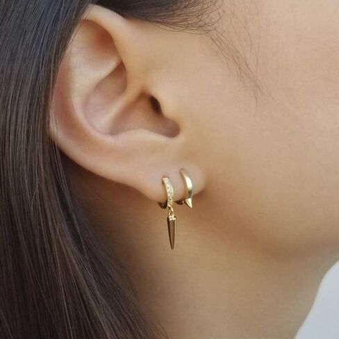 S925 Sterling Silver Post Huggie Hoop Earrings, 14K Gold Plated Dangle Small Hoop Cuff Earring Hypoallergenic Dainty Cubic Zirconia Snake Ball Spike Evil Eye Moon Star Huggie Hoop Earrings in Saudi Arabia