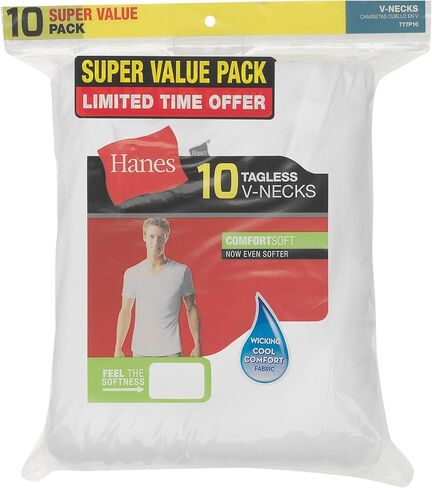 Hanes Men's 10-Pack Tagless V-Neck Shirts, White, Medium in Saudi Arabia