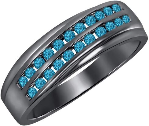 Gold & Diamonds Jewellery 0.87Ctw Gemstone 14K Black Gold Over .925 Sterling Silver Two Rows Half Eternity Wedding Ring for Men's in Kuwait