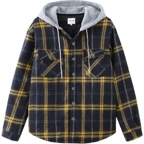 PEGENO Men's Long Sleeve Plaid Button Quilted Lined Flannel Shirt Jacket with Hood