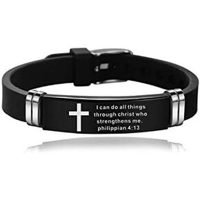 GMXLin Sport Cross Silicone ID Bracelet Men Women Wristband Engraved Inspirational Quote Faith Christian Bible Bangle Stainless Steel Rubber Adjustable Bracelet
