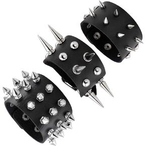 Spike Rivets Cuff Bangle - Goth Black Leather Bracelet with Metal Studded - 80s Punk Rock Accessories for Men Women (3 PCS Spike Bracelet) in Saudi Arabia